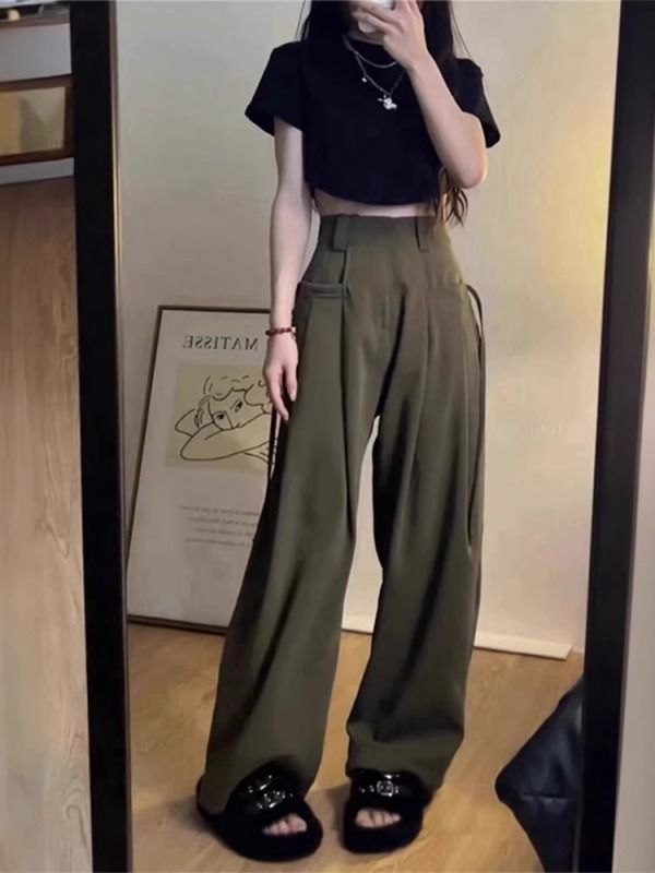 Pear-shaped body suit pants for women plus size fat sister mm design high waist loose straight wide leg pants with drape
