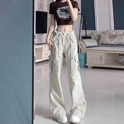 American style work pants for women, new thin sports casual pants, high waist wide leg drawstring trousers for small people