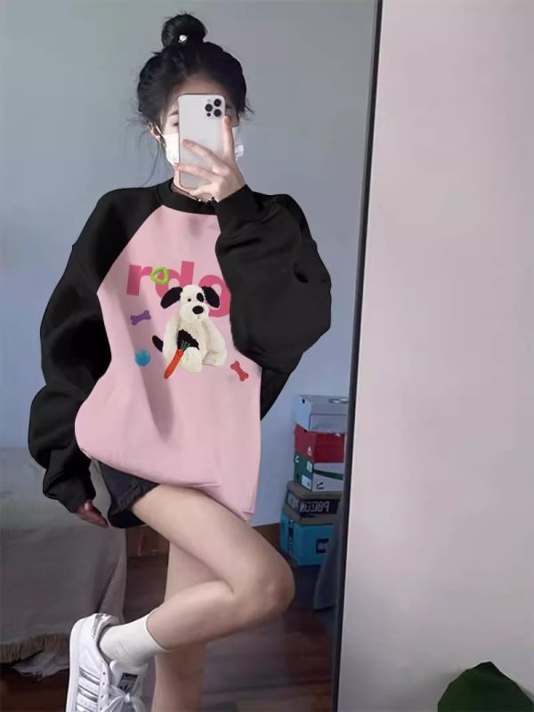 Shi Mao Hua Cotton Composite Milk Silk 300g Super Soft Silver Fox Velvet 400g Front Printed Color Block Sweatshirt for Women