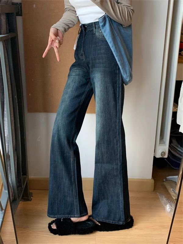 High-waisted, leg-less jeans for fat women, large size, straight, micro-flared pants, autumn and winter loose wide-leg pants