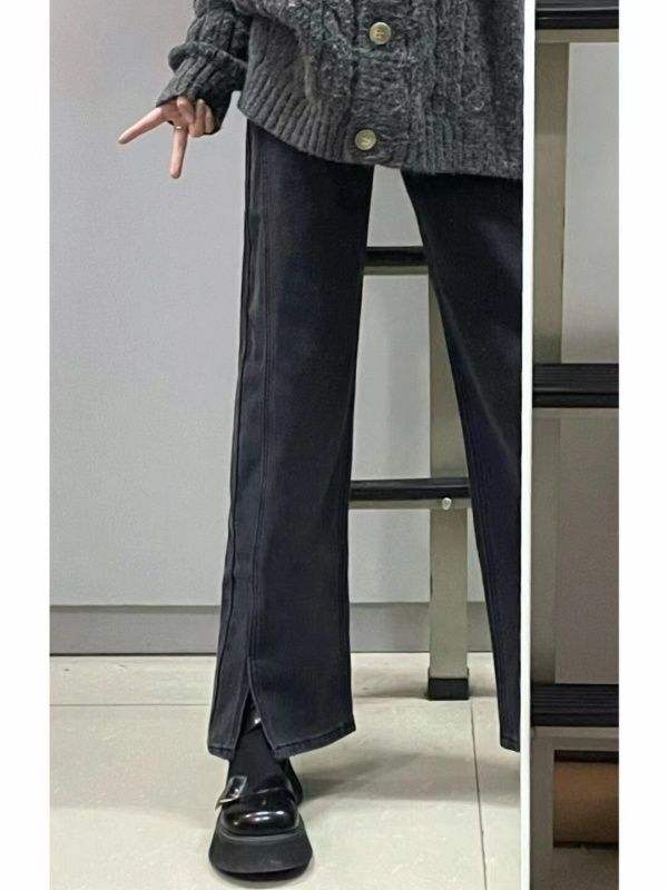 Slit micro-laden jeans for women, large size, new style, fat mm, pear-shaped figure, high waist, loose slimming straight pants