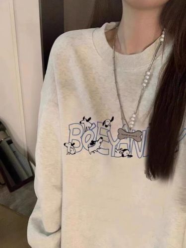 Thin Chinese cotton milk silk plus velvet Chinese cotton silver fox velvet round neck printed sweatshirt for female couple Douyin quality