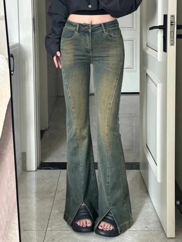 Large size American high street distressed slit micro-flare jeans for women in autumn new slim stretch slimming high-waisted pants