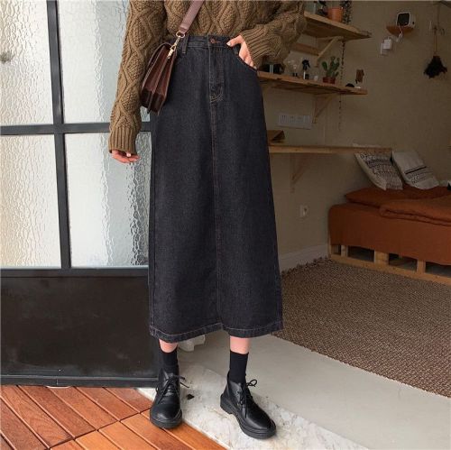 Skirt autumn plus size women's chubby sister mm cover the crotch slimming mid-length high waist denim skirt