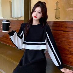 New autumn and winter skirts plus size women's contrasting color stitching mid-length fake two-piece dress for children