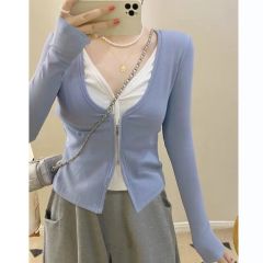 2024 New Korean Style Fat MM Slim Fit Zipper Fake Two-piece Women's Large Size Design Top