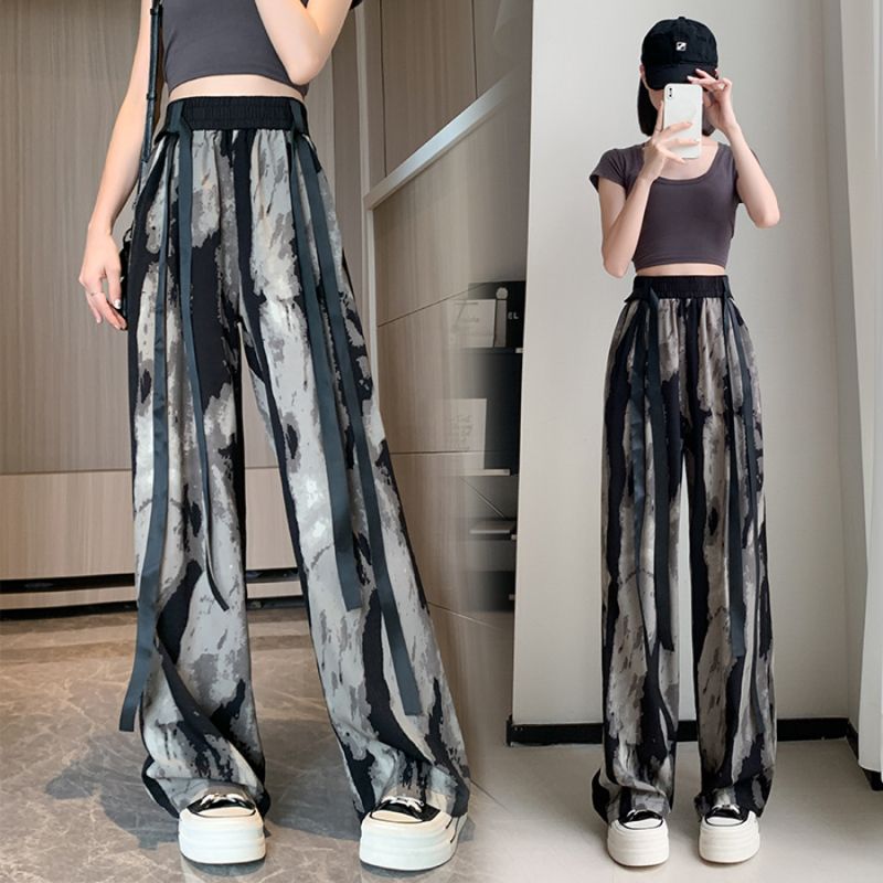 National style ink print thin casual wide-leg pants for women with design sense high waist slimming floor-length pants