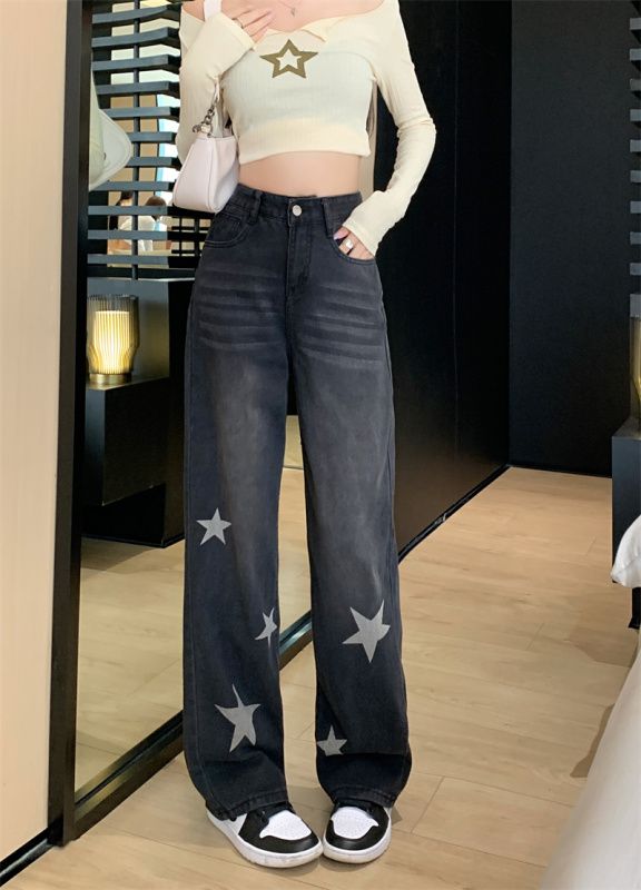 Large size American retro high waist star jeans new loose straight slim wide leg trousers