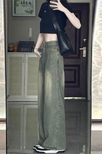 American retro wide-leg jeans for women, spring and autumn green design niche oversize straight high street pants