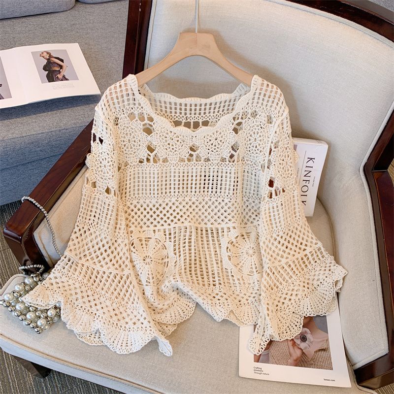 Early autumn new style sun protection bell sleeve top high-end hollow V-neck hand hook flower knitted long-sleeved cardigan for women
