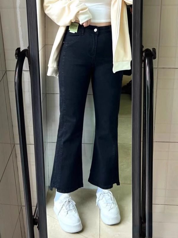 Fat mm large size high waist black jeans for women autumn and winter Korean style loose slimming versatile straight leg micro-flared nine-point pants