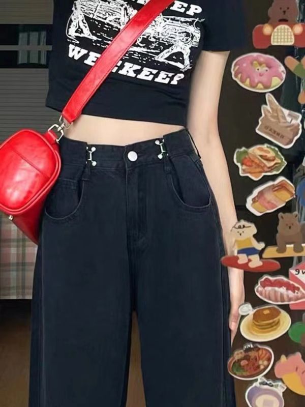 Large size black high-waisted straight jeans for women in autumn for fat girls mm suitable for pear-shaped body slim cigarette tube trousers