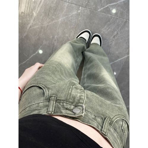 American retro wide-leg jeans for women, spring and autumn green design niche oversize straight high street pants