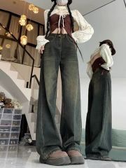 Cement Gray Straight Jeans Women's Autumn and Winter New Fat mm Large Size Slimming High Waisted Wide Leg Pants