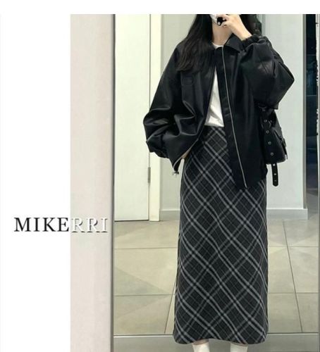 Wool plaid skirt mid-length A-line skirt for slimming pear-shaped body