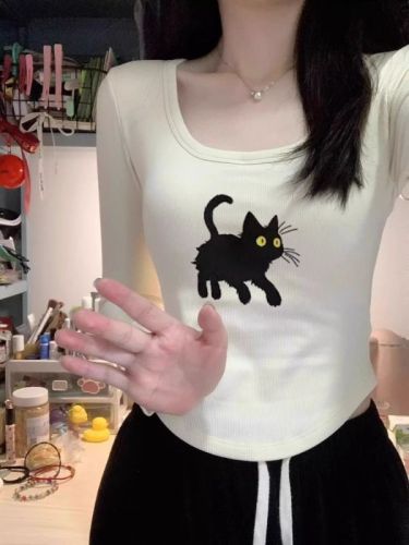 Brushed German velvet kitten printed long-sleeved T-shirt for women in autumn and winter, slim and slim, thickened and warm, base layer top