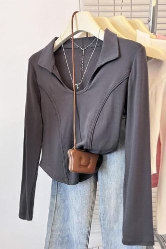 Polo collar long-sleeved bottoming shirt for women in summer with U-neck tight short T-shirt high-waist hot girl right shoulder fishbone top