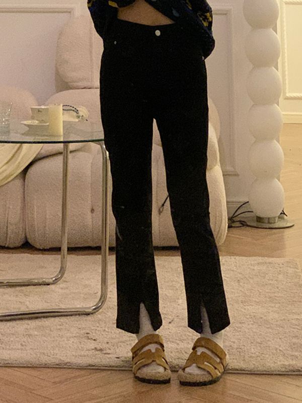 Large size high-waist straight slit jeans for women in autumn and winter, slim velvet nine-point pants for fat girls in autumn and winter