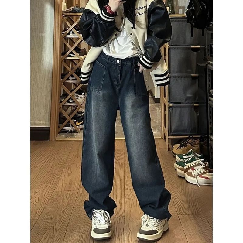 High street retro black washed jeans women's autumn and winter new high-waisted loose slimming wide-leg straight floor-length mopping pants trendy