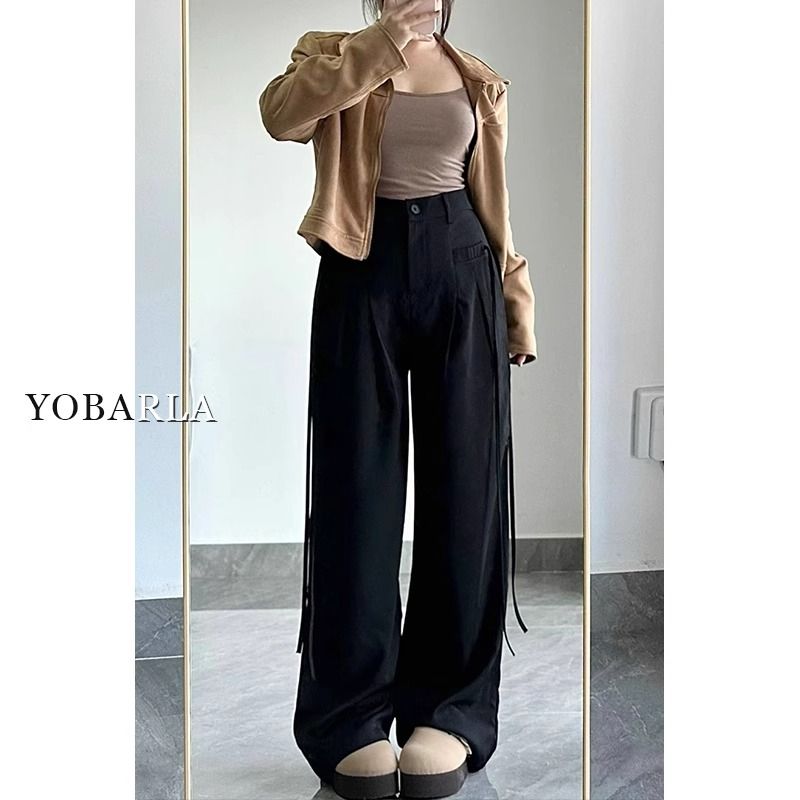 Black suit pants women's new thin high-waisted large size loose slimming casual pants floor-length wide-leg pants