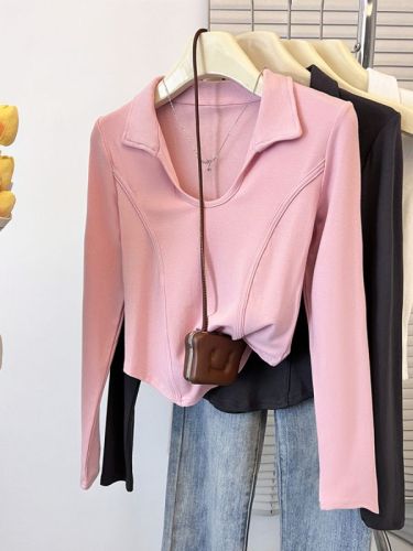 Polo collar long-sleeved bottoming shirt for women in summer with U-neck tight short T-shirt high-waist hot girl right shoulder fishbone top