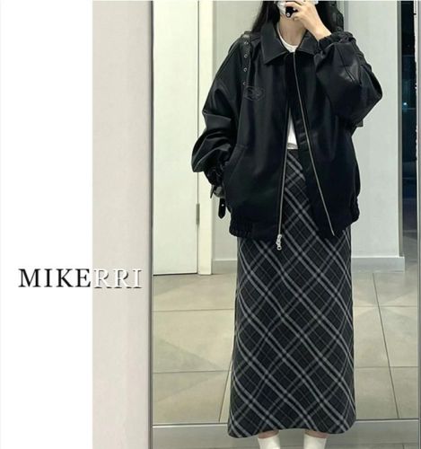 Wool plaid skirt mid-length A-line skirt for slimming pear-shaped body