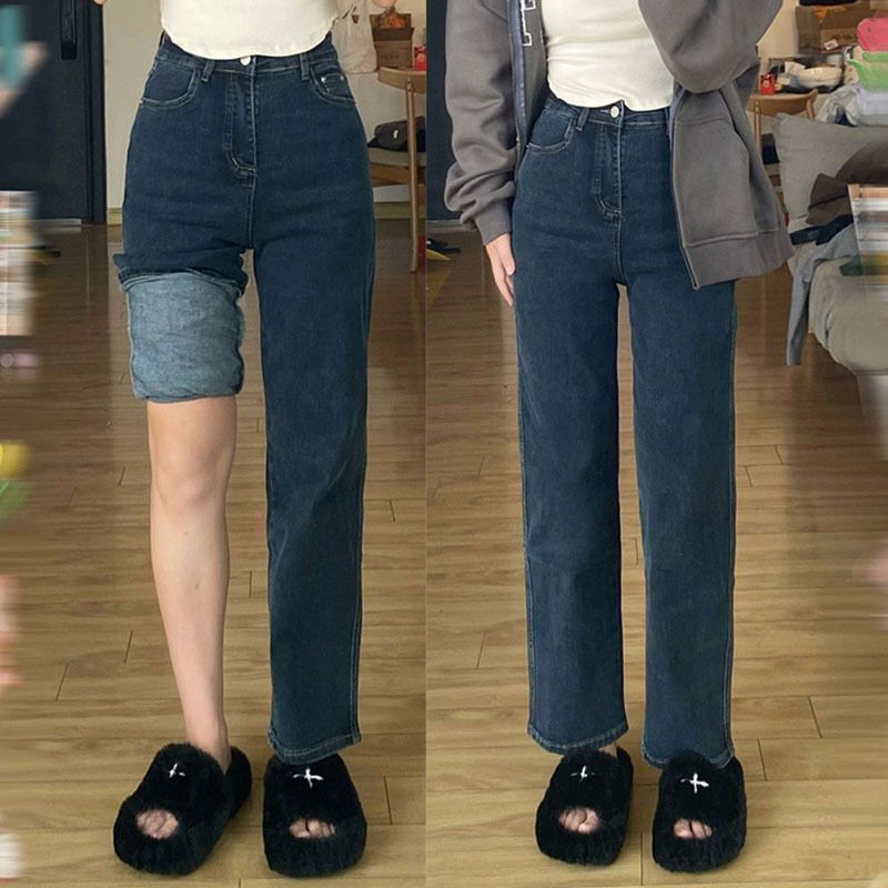 High-waisted straight-leg loose stretch jeans plus size women with pear-shaped figure and crotch-covering slim pants with velvet for autumn and winter