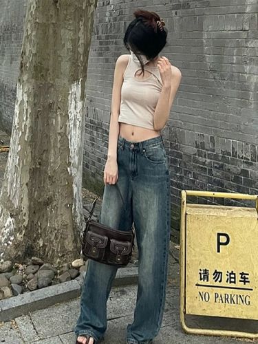 Retro jeans women's straight high-waist autumn plus size loose slimming pear-shaped figure floor-length wide-leg pants