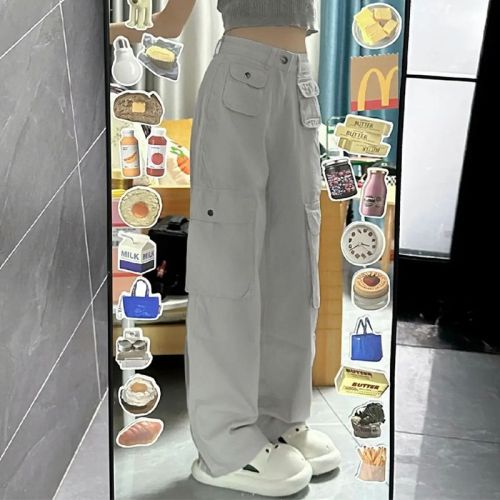 White American Retro Casual Overalls Women's New High Waisted Straight Leg Loose Wide Leg Floor-Mopping Pants