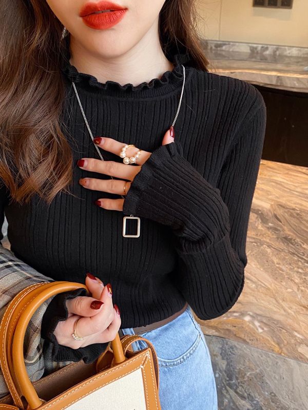 Fungus edge bottoming shirt for women in autumn, winter and early autumn new design niche inner sweater knitted top