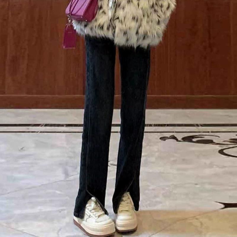 Black slit straight jeans for women in autumn and winter for fat girls, large size loose slimming wide-leg pants for pear-shaped figures