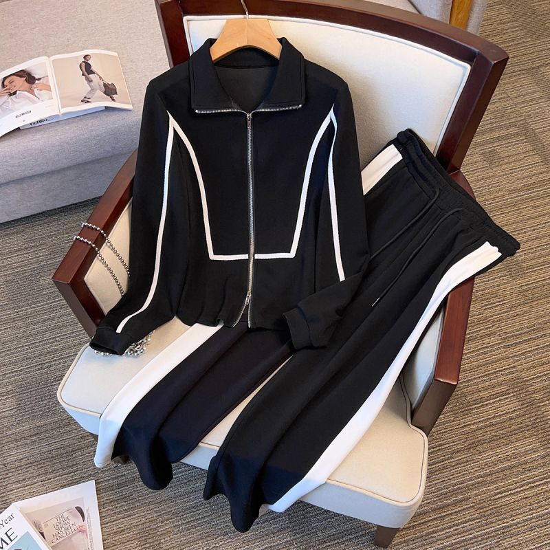 New style fat mm plus size women's casual sweatshirt drawstring elastic waist wide leg trousers suit