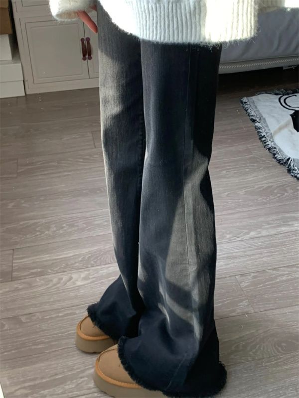 Loose, slim, high-waisted, Korean-style American retro jeans, boot-cut jeans, hot girl niche design jeans