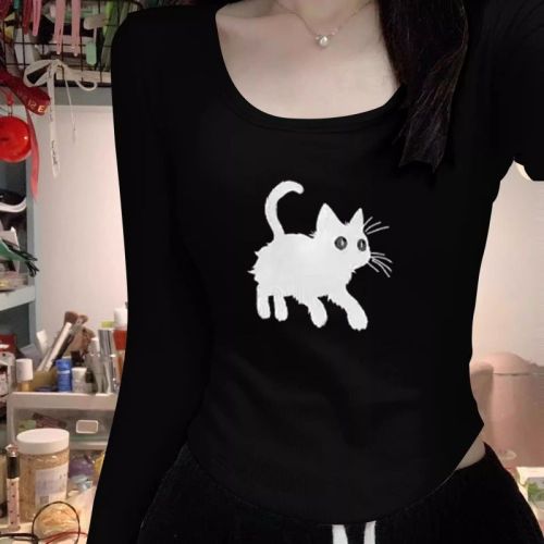 Brushed German velvet kitten printed long-sleeved T-shirt for women in autumn and winter, slim and slim, thickened and warm, base layer top