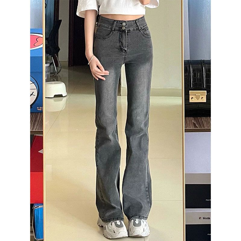 Smoky gray high-waisted jeans plus size women with pear-shaped body, this year's most popular slimming pants for women