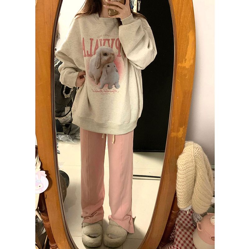 310g imitation cotton interwoven fabric, non-pilling, winter thickened velvet sweatshirt for women, round neck printing, back strip