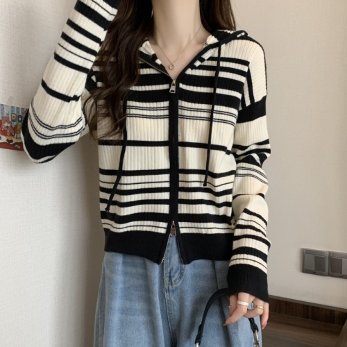 Large size hooded drawstring double zipper sweater jacket autumn design loose striped top women's fashion