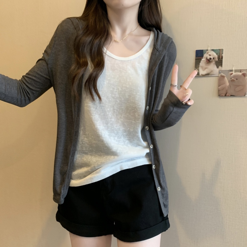 Long-sleeved hooded knitted cardigan for women, air-conditioning shirt, thin loose top, sun protection jacket