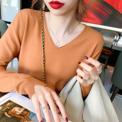 Bottoming shirt for women in spring and autumn, long-sleeved spring clothing, new style, thin style, popular online knitted v-neck top