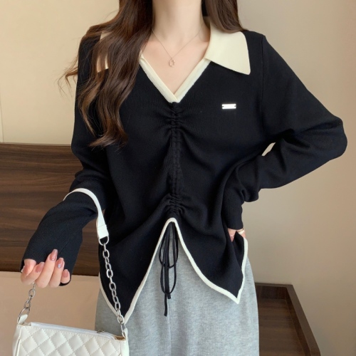 Women's large size polo collar sweater with drawstring design, slimming and contrasting color long-sleeved knitted top