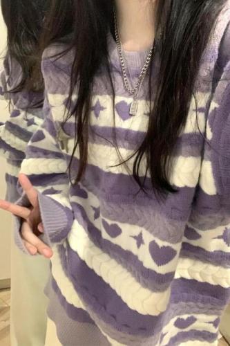 This year's popular purple striped sweater for women in autumn and winter is a hot new style with a bottoming lazy thickened top