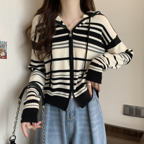 Large size hooded drawstring double zipper sweater jacket autumn design loose striped top women's fashion