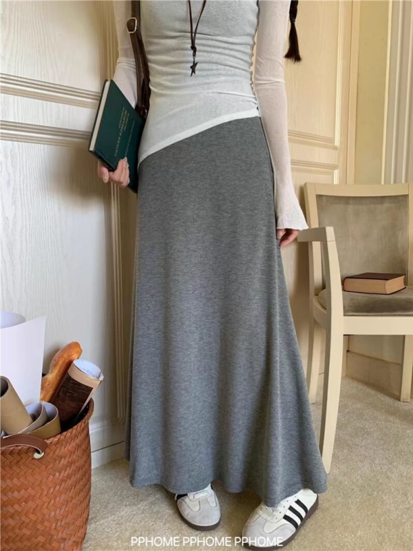 PPHOME homemade ~ lazy long skirt, drapey skirt, versatile, soft, casual, simple, gray A-line long skirt for women
