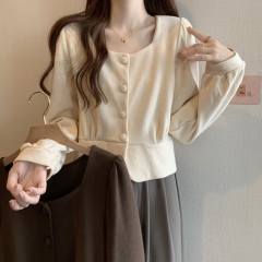 Plus size fat girl right shoulder long sleeve t-shirt women's new square neck slimming short hot girl top