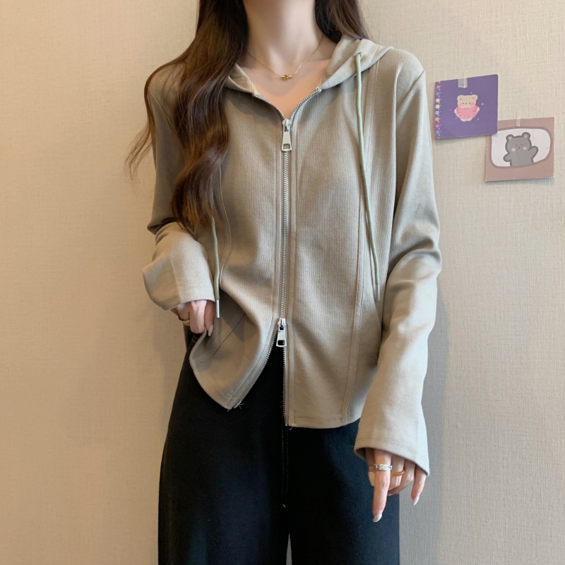 Fat MM plus size new double zipper hooded casual cardigan jacket slimming fishbone long-sleeved sweatshirt