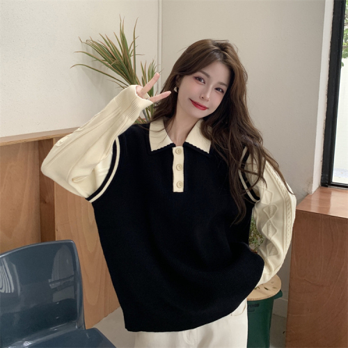 Large size polo collar fake two-piece long-sleeved sweater autumn and winter design niche patchwork sweater women's top