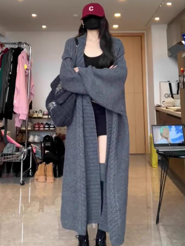 Gray lapel twist sweater jacket for women in autumn and winter loose Korean style lazy style mid-length knitted cardigan thickened