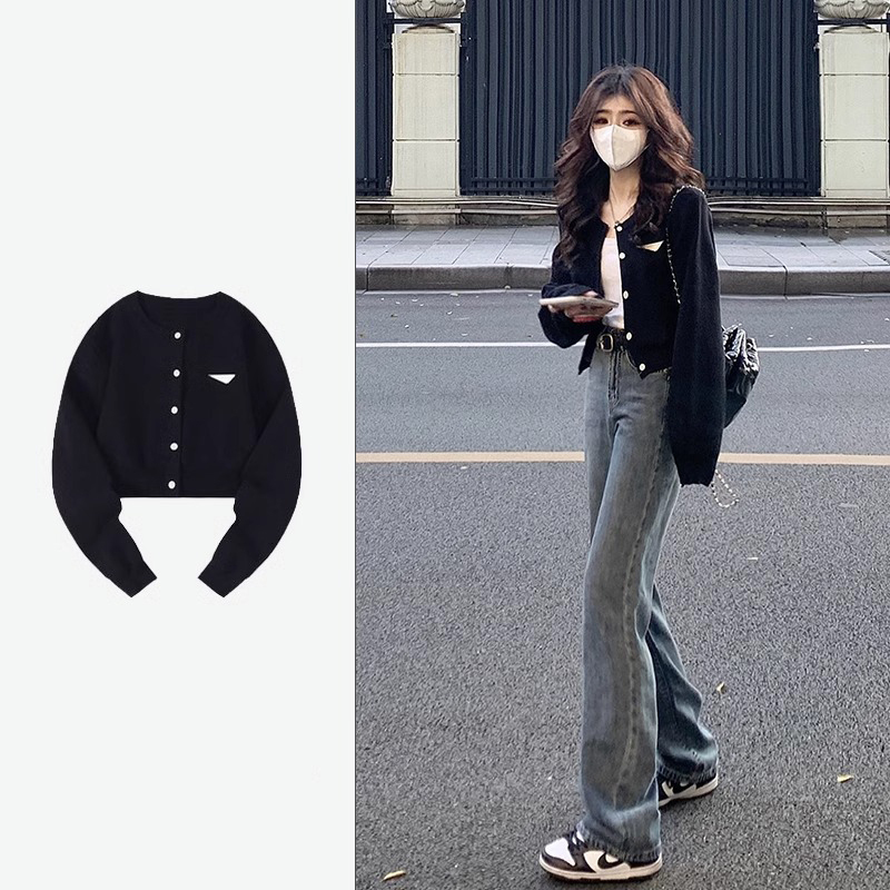 Lazy style black knitted sweater jacket for women early spring new thin knitted cardigan long-sleeved top