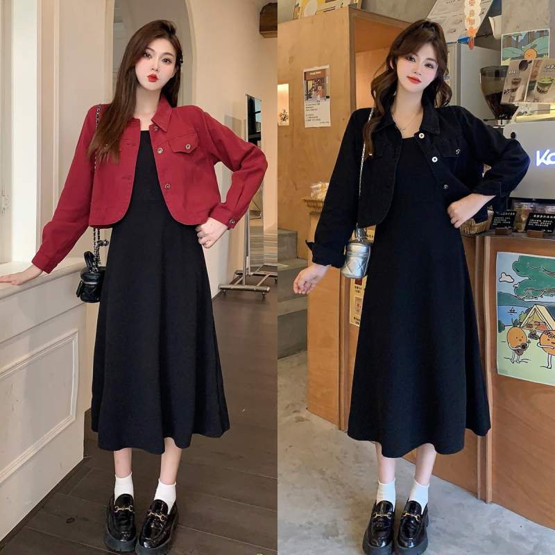 Plus size 2024 new autumn style fat mm slim short denim jacket versatile suspender skirt western style two-piece set