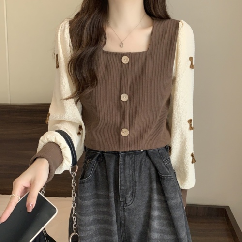 Large size French square collar retro long-sleeved shirt autumn top splicing design short slimming top